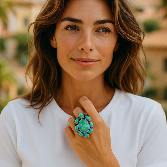 Kingman Turquoise Sterling Silver Ring Southwestern Cluster Adjustable